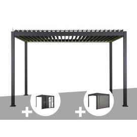 Pergola Bioclimatique Électrique Evora Graphite - 4 X 3 M + Persiennes Coulissantes Côté 3 M + Store 4 M Graphite - Hespéride