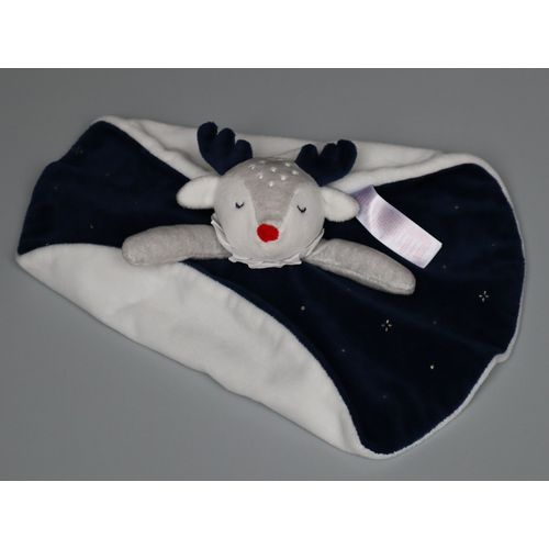 Doudou renne rond plat Obaïbi bleu marine blanc gris
