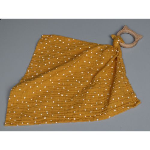 Doudou lange Liewood jaune moutarde pois blancs anneau chat en bois