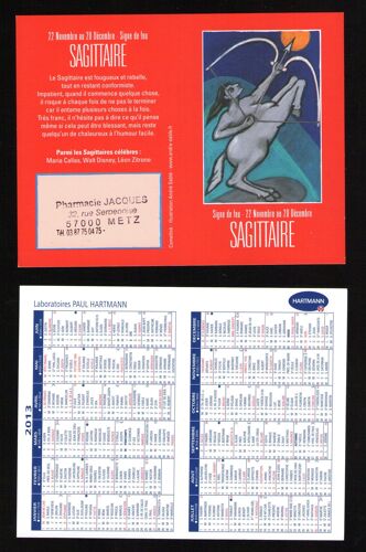 Petit Calendrier De Poche 2013 Calendar Laboratoires Paul Hartmann Signe De Feu Sagittaire Tamponné