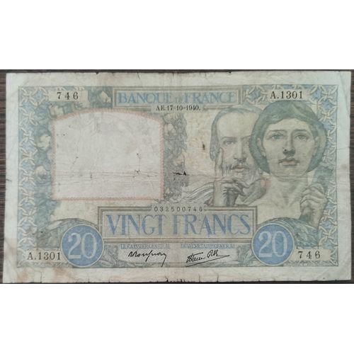 Billet 20 Francs Science Et Travail 17 - 10 - 1940 France A.1301