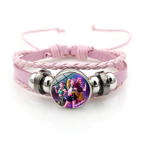 Bracelet Fille K-Pop Demon Hunters ¿ Cuir Tressé Rose, Personnages Stylisés Et Univers Coréen Tendance