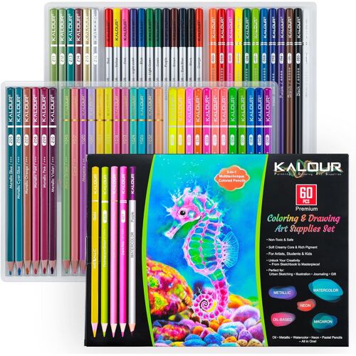 Kalour Lot De 60 Crayons De Couleur, Y Compris Crayons À Base D'huile, Métalliques, Aquarelle, Néon, Macaron, Pastel. Idéal Pour Le Dessin, La Peinture Et Le Bricolage, Cadeau Pour Adultes, Enfants