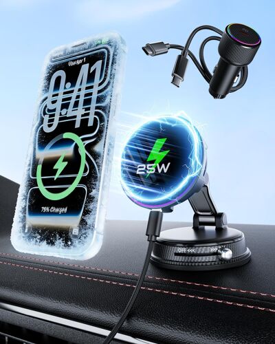 Qi2.2 25W Chargeur Voiture sans Fil, Support magnétique pour téléphone avec Ventilateur et Adaptateur 45W, Support Ventouse Rotatif 360°, Charge Rapide, Compatible MagSafe iPhone 17-12
