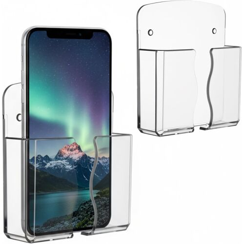 JGD-Lot de 2 supports muraux pour téléphone - Support autocollant transparent avec trou de charge - Compatible avec smartphone, table de chevet, télécommande - Pour la maison, le bureau, la