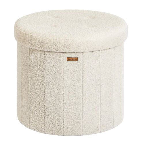 Tabouret de rangement rond repose-pieds avec couvercle amovible 46 x 45 cm pliable montage facile en tissu peluche pour chambre salon entrée blanc crème Helloshop26 12_0006350