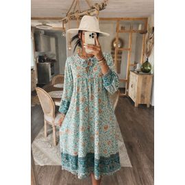 Robe Bohème Fleurie Bleu Turquoise Style Baroque – Manches Longues – Shein – S