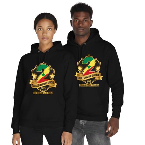 Sweat À Capuche Homme Foot Inspiré Sénégal : Double Champion D'afrique 2025 (Taille M,Couleur Noir)