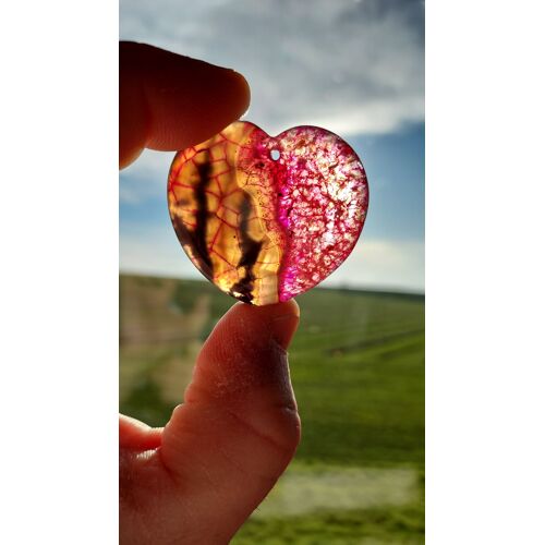 Pendentif Coeur En Agate. Noir Et Rose Avec Superbe Transparence À La Lumière. 4 Cm. Magnifique Pierre Aux Couleurs Harmonieuses, Parfaite Idée De Cadeau. Lot 1218