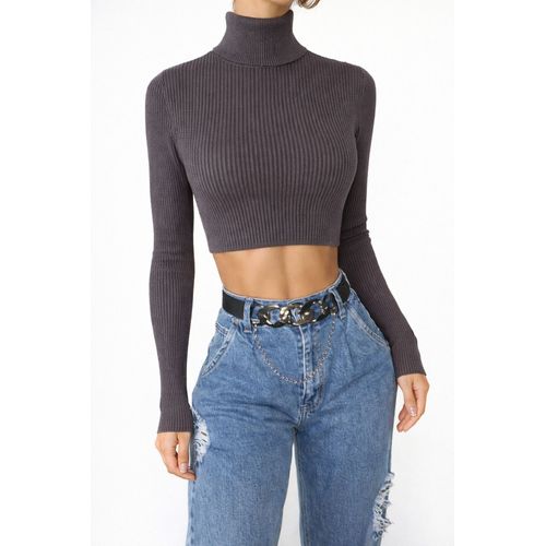 Top Crop Côtelé Gris Zara ¿ Col Roulé ¿ Pull Court Manches Longues ¿ Minimal Y2k