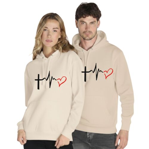 Sweat Capuche Homme Et Femme Saint-Valentin - Design Battement De C?ur & Croix (Taille S,Couleur Beige)