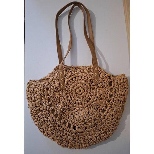 Sac à main zippé demi-lune en paille