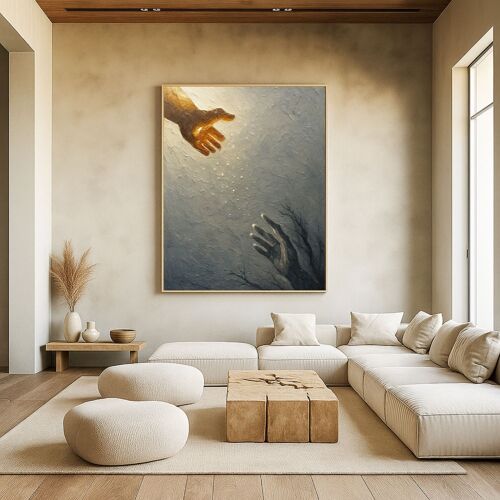 Affiche Murale Contemporaine Représentant Deux Mains Tendues, L’Une Lumineuse, L’Autre Sombre. Jeu De Textures Minérales Et De Lumière, Atmosphère Spirituelle – Vertical 70×100 Cm