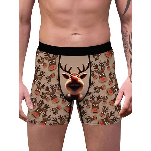 Boxers Homme Noël Avec Imprimé Père Noël Et Renne - Sous-Vêtements Festifs, Confortable Et Élastique, Lavable En Machine, Pantalon Décontracté Non Transparent Pour Fêtes De Noël Et Port Quotidien (Technologie D'impression Numérique)