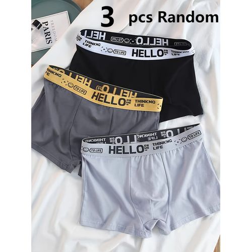 Lot De 3 Boxers Homme Assortis, Couleurs Variées, Respirants Et Extensibles, En , Confortables, Broderie "Hello", Idéal Pour Un Usage Quotidien, Sous-Vêtements Polyvalents, Design Ludique, Tissu Lisse