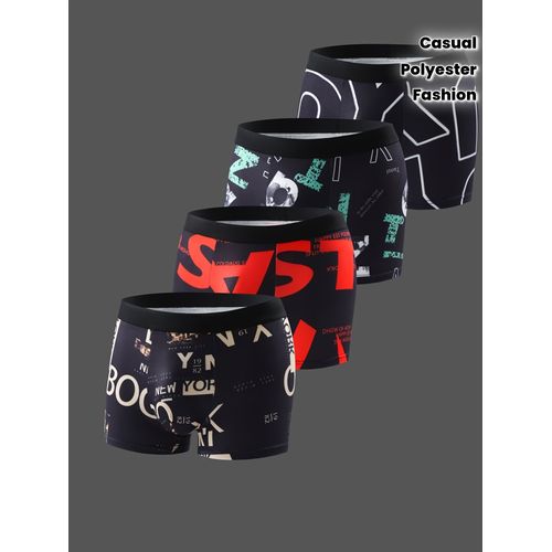 4 Pcs. Sous-Vêtements Pour Hommes À Motifs Géométriques, Tissu En Tricot De Polyester Extensible, Culottes Courtes Avec Détails En Appliqué, Boxers De Sport Décontractés Respirants À Séchage Rapide, 93 % Polyester, 7 % Élasthanne
