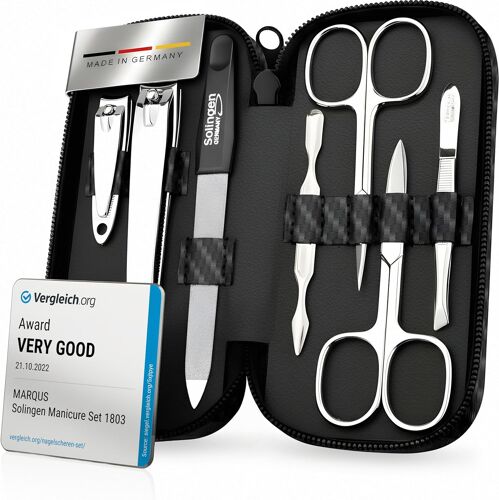 Kit Manucure Pedicure 7 Pc. De Solingen - Kit Manucure Professionnelle En Simili-Cuir Aspect Carbone, 2 Coupe Ongle, Lime A Ongles Solingen, Pince À Épiler, 2 Ciseaux, Pousse-Cuticule 