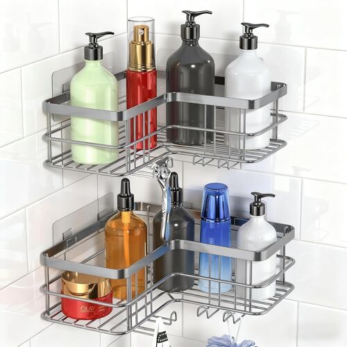 Étagère d'angle de douche, organisateur de douche adhésif, étagères de salle de bain, support de shampooing avec crochets, en acier inoxydable