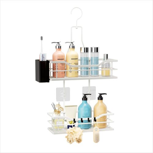 Organiseur de douche à suspendre ¿ Organiseur de salle de bain à 2 niveaux avec crochet supérieur rotatif à 360° et 4 crochets, étagère de douche blanche antirouille à suspendre pour shampooing