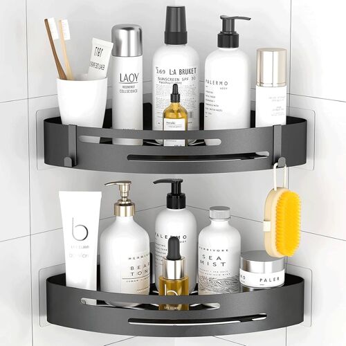 Etagere Douche Sans Percage Angle: Lot de 2 Etagere Salle de Bain Acier Inoxydable, Support Douche pour Bouteilles de Shampoing gel, Rangement Salle de Bain - Noir