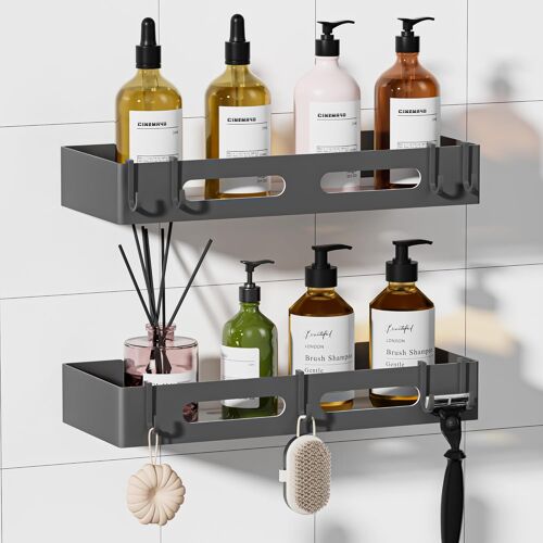 Etagere Douche sans Percage, Rangement Douch avec Crochets,Capacité de Charge 5 kg,Rangement Salle de Bain pour Shampooing Revitalisant Savon¿Gris¿