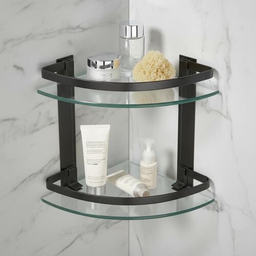 , Étagère d'angle pour Salle de Bain, Double Étagère en Verre Trempé de 8 mm et Barre en Aluminium, Jusqu'à 5 kg par Étagère, 32,5x24x27,5 cm, Noir