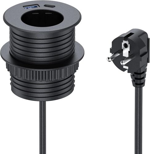 Prise encastrable avec USB, prise escamotable avec 1 port USB-A, 1 USB-C pour plan de travail de cuisine, câble de 2 m de diamètre 60 mm, noir