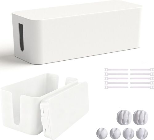 Lot de 2 boîtes de gestion des câbles, avec accès latéral, organisateur de câbles, pour cacher les multiprises, adaptateurs et câbles, blanc