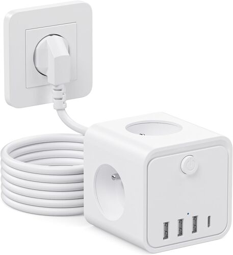 7 en 1 Multiprise USB Multiple avec 3 Prises Multiple avec 1 Type C et 3 Ports USB, 2m Cable Multiprise avec Interrupteur Parafoudre pour Domicile, Bureau