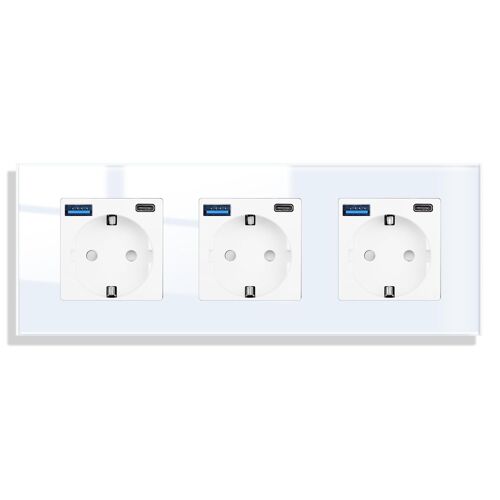 Prise en verre avec USB 20 W Charge rapide en blanc encastré, 3 prises 16 A avec USB A et type C max.3,1 A, 228 x 86 mm, 250 V
