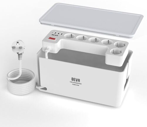Multiprise Cachée avec Cable 4M + 1050J Parafoudre et Surtension, Boite Rangement Cable et Multiprise, 6 Prise Multiple USB avec 3 USB-A+1 USB-C(15W), Boite Multi Prise Rangement, Blanc