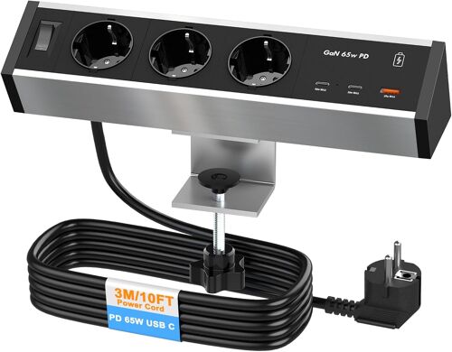 Multiprise Electrique 3 Prises USB C 65W, Multiprise de Bureau 3 Prises avec Interrupteur, Aluminium 2 Ports USB C et USB-A, Câble 3m