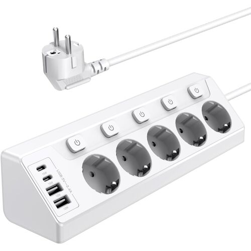 Prise Plan de Travail Cuisine, Multiprises avec 2 Ports USB A et 2 Ports USB C, Multiprise 5 Prises avec Interrupteur, Rallonge Électrique 2m pour Meuble, Canapé, Bureau, Table