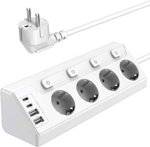 Prise Plan de Travail Cuisine, Multiprises avec 2 Ports USB A et 2 Ports USB C, Multiprise 4 Prises avec Interrupteur, Rallonge Électrique 2m pour Meuble, Canapé, Bureau, Table