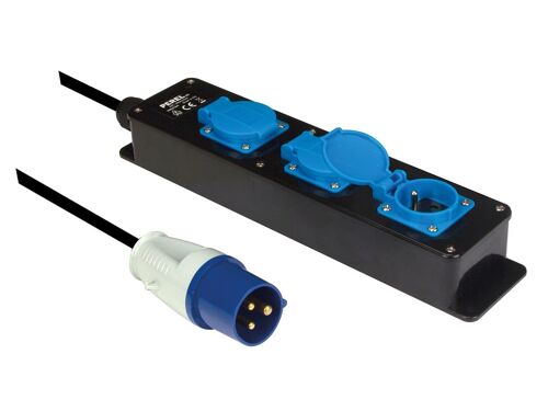 Multiprise extérieure, 3 Prises Type E avec Capuchons, Prise CEE, câble néoprène 3 m H07RN-F 3G2.5, IP44 étanche, adaptée pour Jardin, Atelier et Chantier, Noir-Bleu
