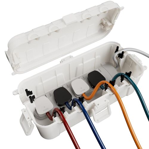 RESTMO Boîte à Câbles Étanche Moyenne (29×13,2×10cm) \u2013 IP54, Résistante aux Intempéries, Idéale pour Protéger Rallonges, Multiprises, Fiches Coudées (Couleur:Blanc)