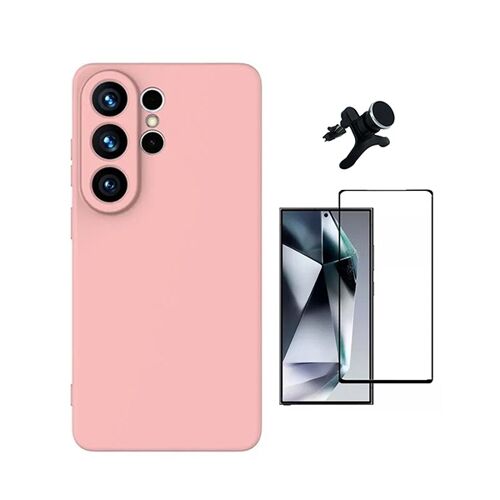 Kit De Film En Verre Trempé À Coque Complète 5D + Couvercle En Silicone Liquide + Support de voiture magnétique robuste PHONECARE Pour Samsung Galaxy S26 Ultra - Rose