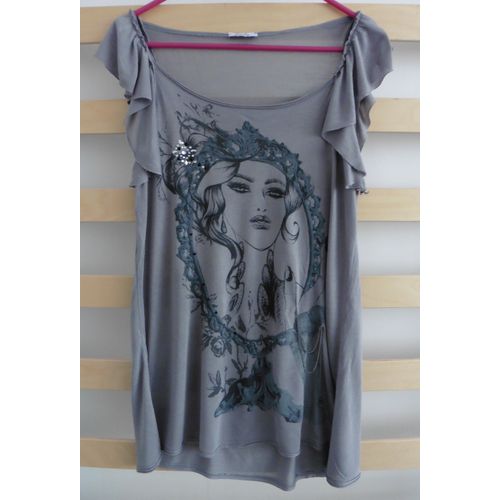 T-Shirt Gris À Visage De Femme, Strass, Chaînette Et Pierre. Pimkie. Taille 38