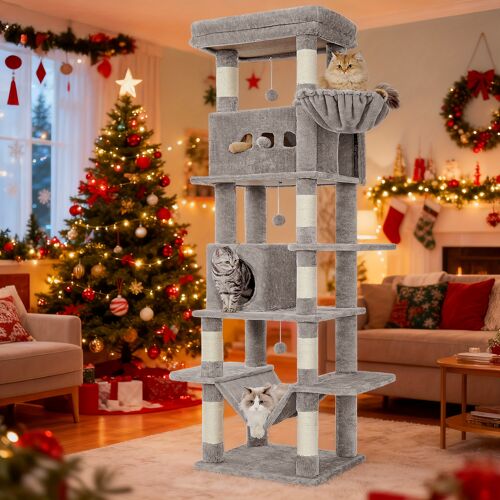 Grand Arbre À Chat, 210 Cm, Avec 8 Poteaux Griffoirs Et Plateforme, 1 Grotte Lavable En Machine + Hamac & Balles Moelleuses ¿ Multi-Étages Pour Chats Adultes, 3 Couleurs : Béton Clair / Noir Foncé