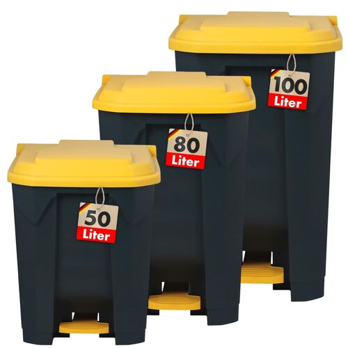 casa pura Poubelle Olaf ¿ Poubelle robuste à pédale (Step-On) de 50, 80 ou 100 litres au choix, anthracite ¿ Couvercle bleu, jaune, rouge, vert ou gris au choix ¿ Système de tri des déchets pour cuisine, restaurant, bureau