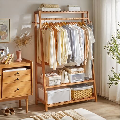 Porte-vêtements en bambou avec 3 étagères de rangement, 10 crochets, armoire portable ouverte pour vêtements, chaussures, chapeaux et sacs, idéal dans l'entrée, la chambre à coucher ou le salon, 80 x 43,5 x 165 cm