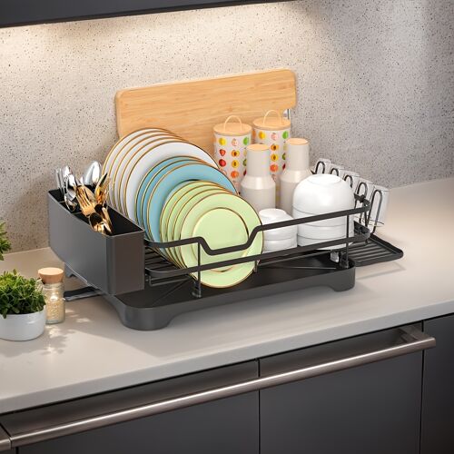 Égouttoir À Vaisselle, Étagère Pour Ustensiles Simple Couche Avec Bac De Goutte Et Buse Spirale, Séchoir À Vaisselle Avec Porte-Couverts Amovible, Râtelier D'égouttage Pour Cuisine, Noir