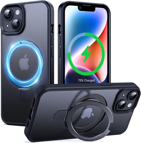 JGD-Coque de Support Magnétique pour iPhone 13/14 avec Béquille à Anneau Invisible, Compatible avec MagSafe Protection Militaire Antichoc Étui Housse de Translucide Mate, 6.1'', Noir