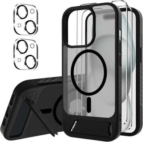 KALANKA-Coque Magnétique pour iPhone 15 avec Support, Coque de Protection TPU Mat, avec 2 Tempered Glass Screen Protector Film + 2 Protections Caméra pour iPhone 15 - Noir