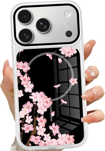 KALANKA-Coque Magnétique pour iPhone 17 Pro max 6,9"",Compatible avec MagSafe, Aesthetic Fleurs Motif Filles Dessin Etui, Transparente Silicone Mince TPU Case Antichoc Protection Housse Cover, Noir 02