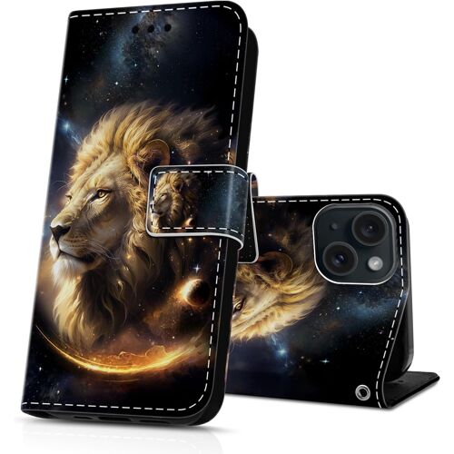 JGD-Coque pour iPhone 15 Magnétique Fentes de Cartes Protection Cover Multifonction Antichoc Silicone Housse iPhone 15 Etui en Cuir PU Portefeuille Flip Case - Lion d'or