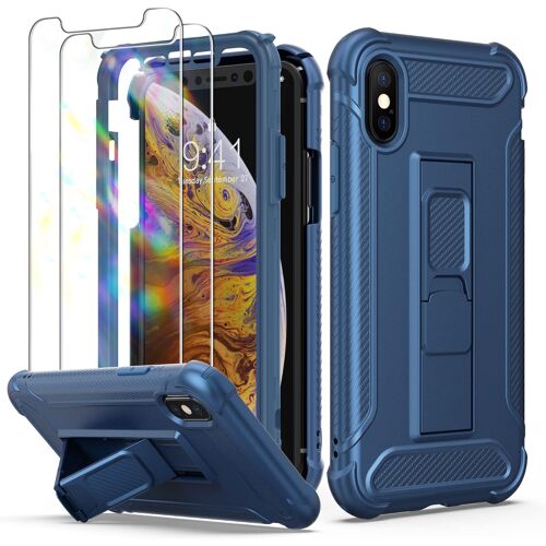 JGD-Coque pour iPhone X avec [2 Verre Trempé Protection écran] et [Support Béquille],2 en 1 Anti-Rayure Coque iPhone XS Antichoc PC Rigide TPU Souple Etui iPhone X Coque 5,8''Bleu