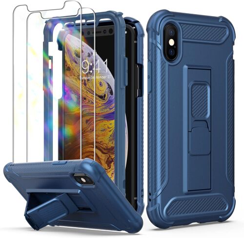 JGD-Coque pour iPhone X avec [2 Verre Trempé Protection écran] et [Support Béquille],2 en 1 Anti-Rayure Coque iPhone XS Antichoc PC Rigide TPU Souple Etui iPhone X Coque 5,8''Bleu
