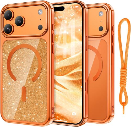 KALANKA-Coque pour iPhone 17 Pro Max avec 1 X Papier Pailleté à DIY + 1 Dragonne en Tissage, [Compatible MagSafe] Coque Transparente Brillante et Mignonne pour Femmes et Filles, Orange Cosmique