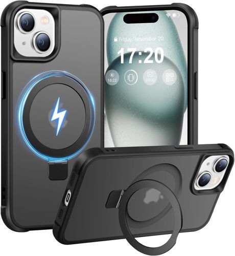 JGD-Coque Magnétique pour iPhone 15 avec Anneau de Support Invisible, Protection Contre Les Chutes, Les Rayures, Les Traces de Doigts, antidérapante, Mate et Semi-Transparente.(Noir)